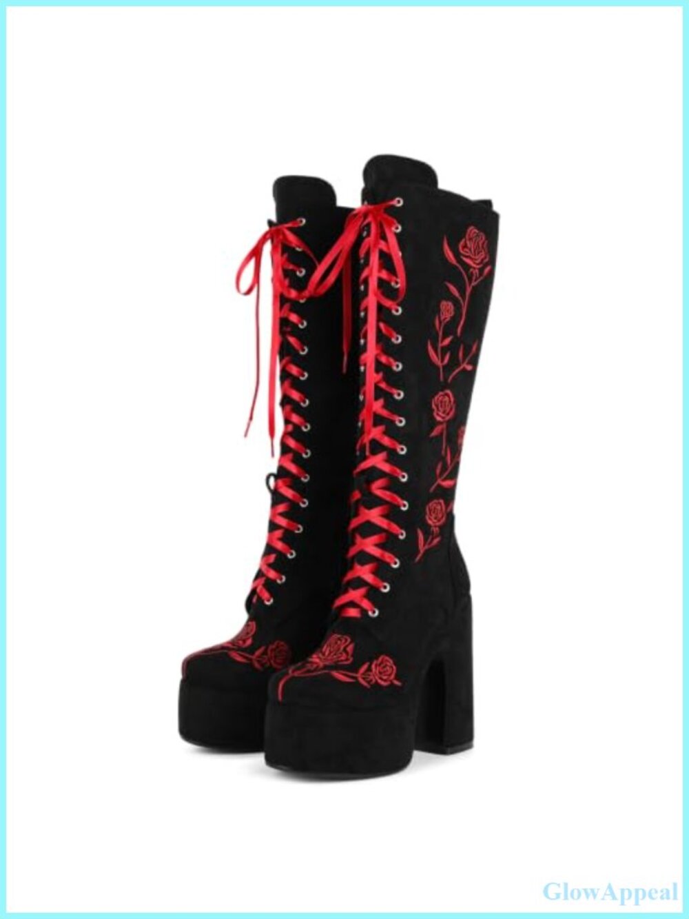Gothic Rose Embroidered Platform Boots Faux Suede Knee High Lace Up